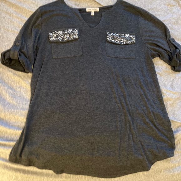 Faith and Joy Charcoal Top with Embellished Pockets - Picture 2 of 4